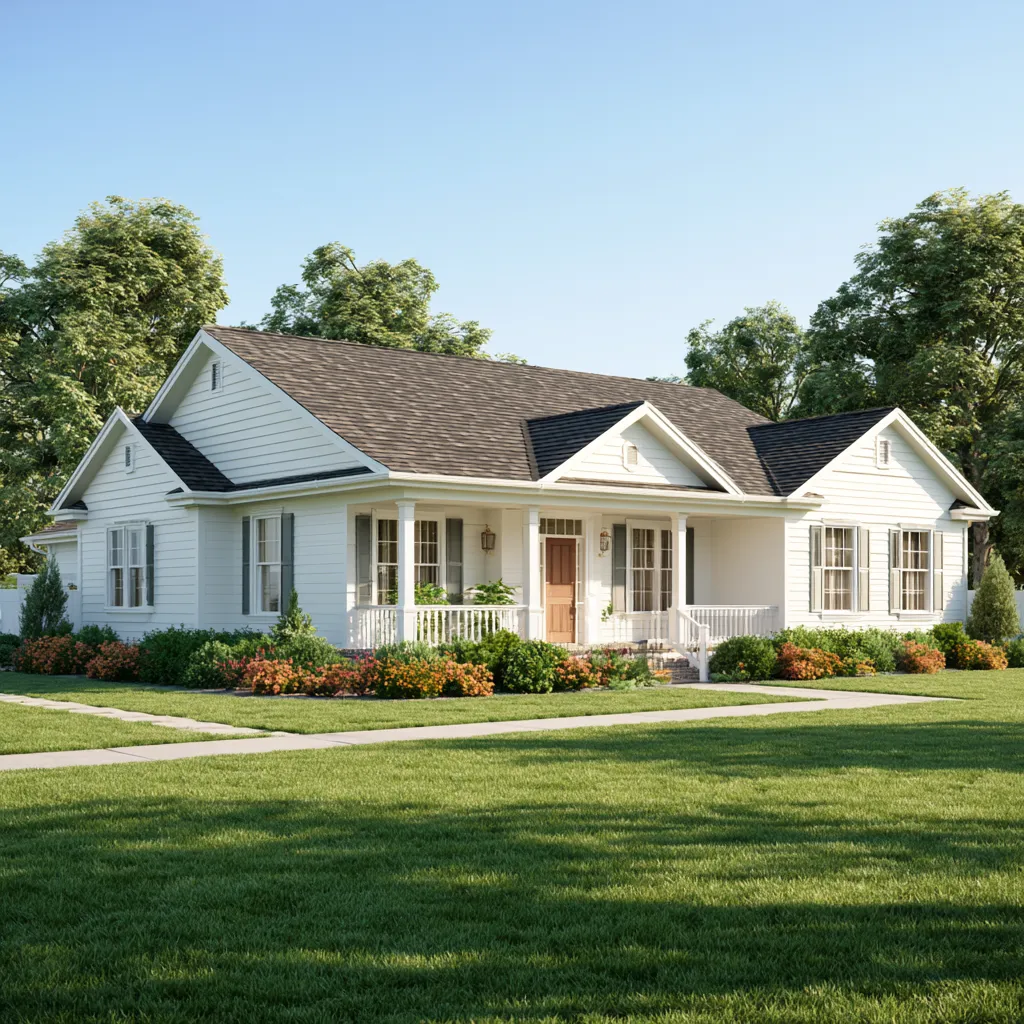 Covered porch on a white ranch home under a brown shingle roof