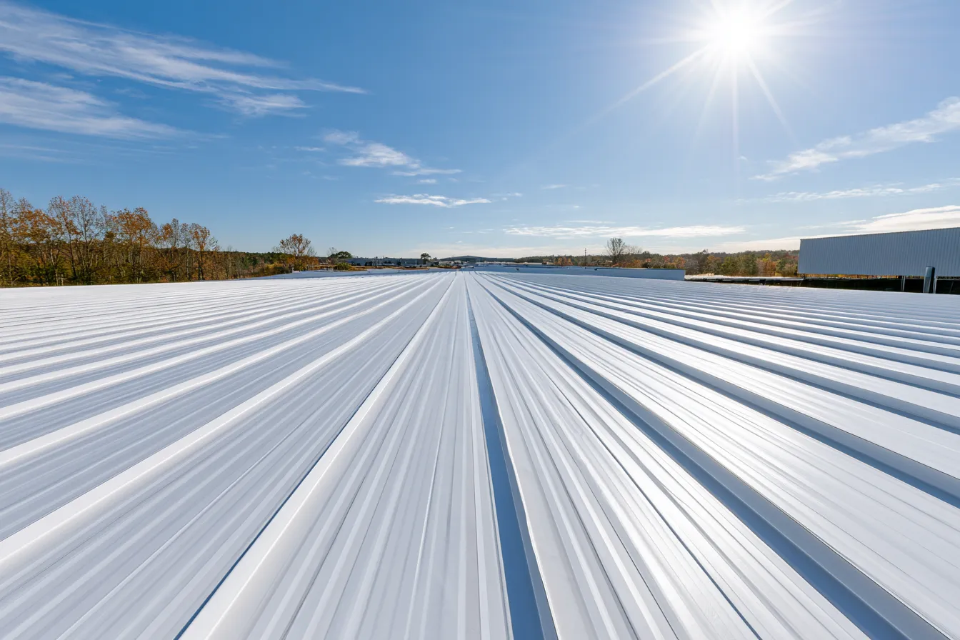 Rows of metal roof panels lead toward a bright sunlit horizon