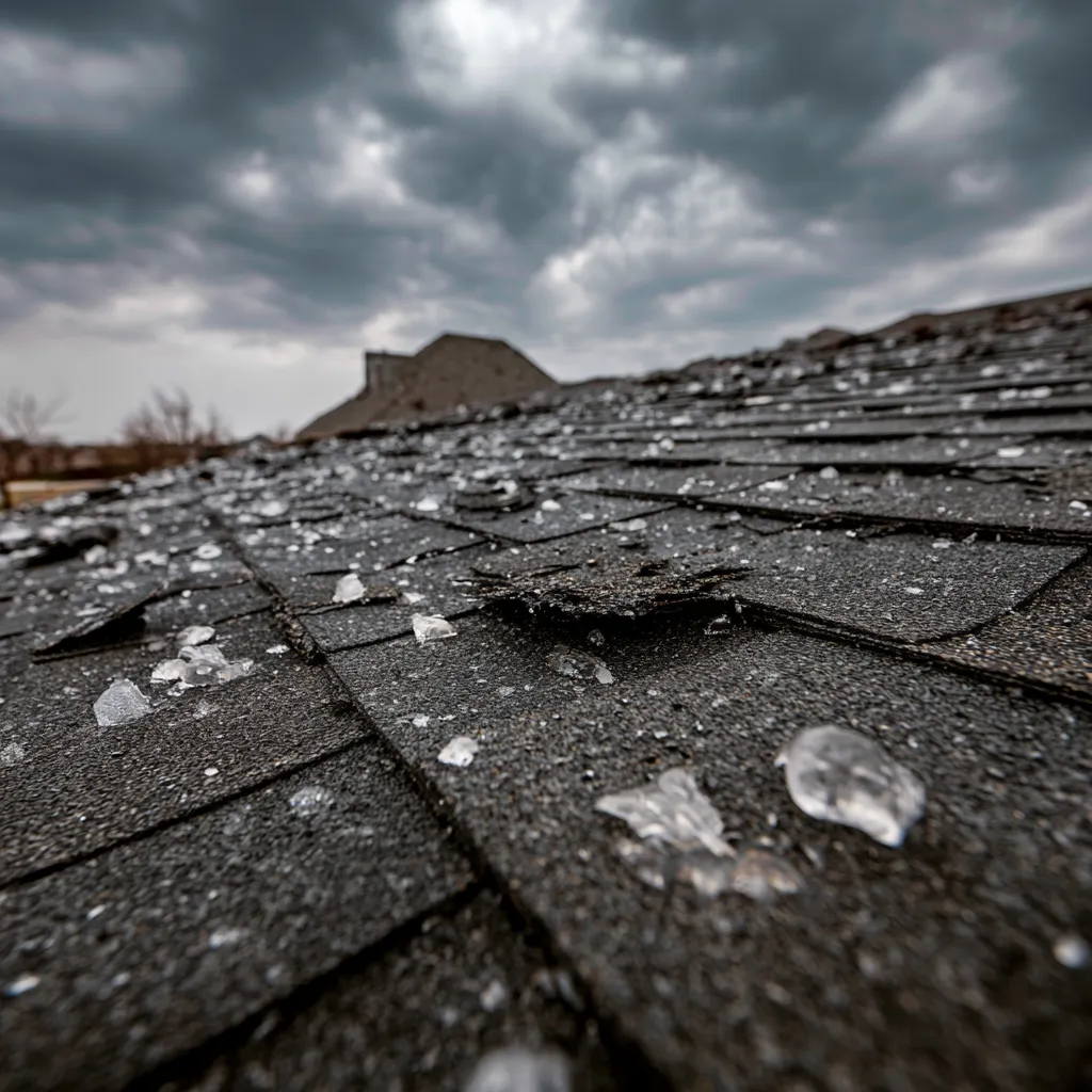 Dramatic cloudy sky above melting hailstones on dark shingles